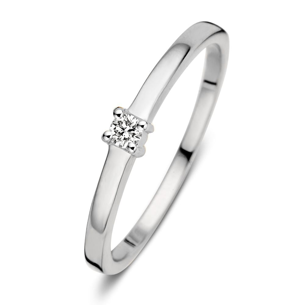 Bague en or blanc 14 carats avec un brillant de 0,06 carat, design fin et élégant.