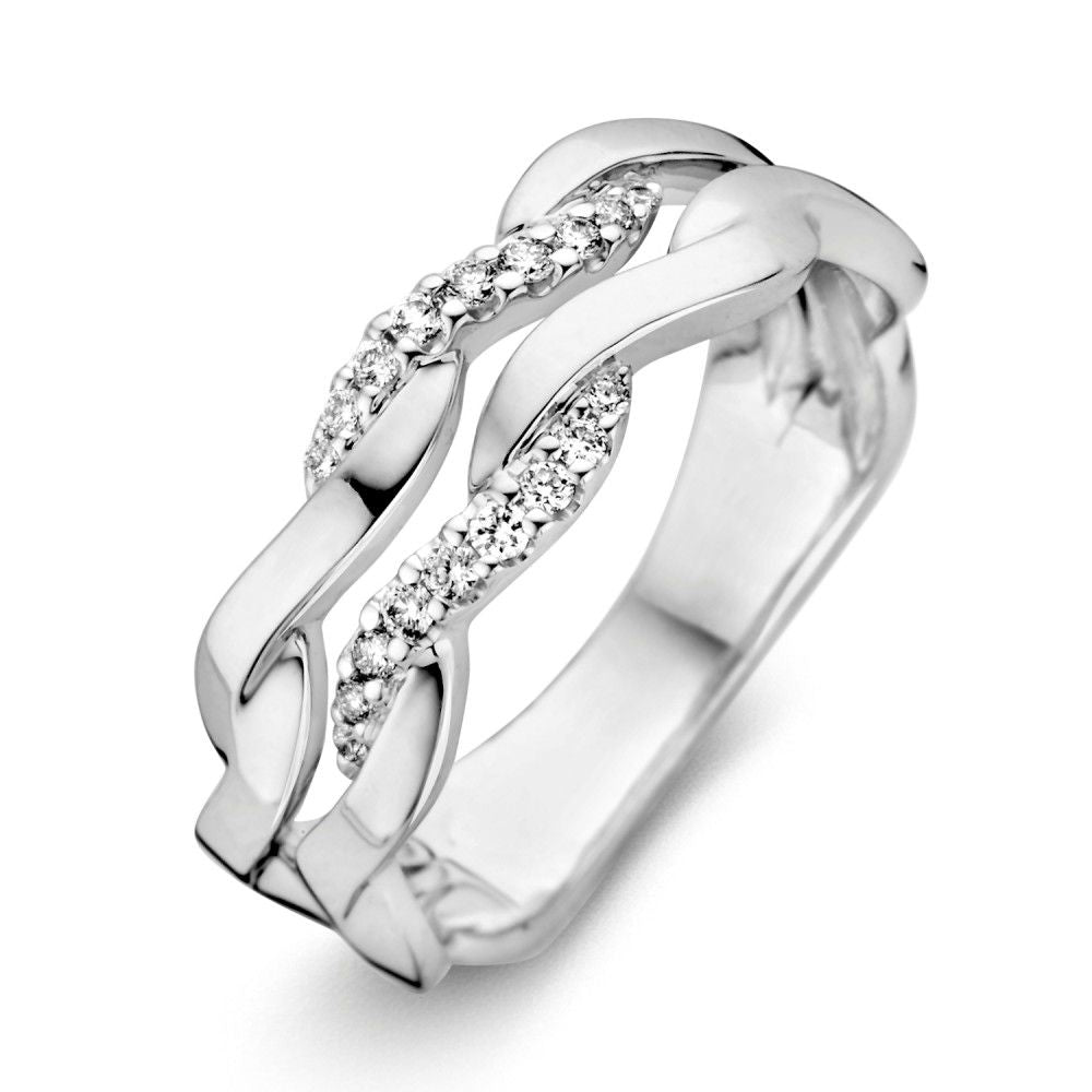 Bague en or blanc 14 carats avec un brillant de 0,15 carat, au design entrelacé.