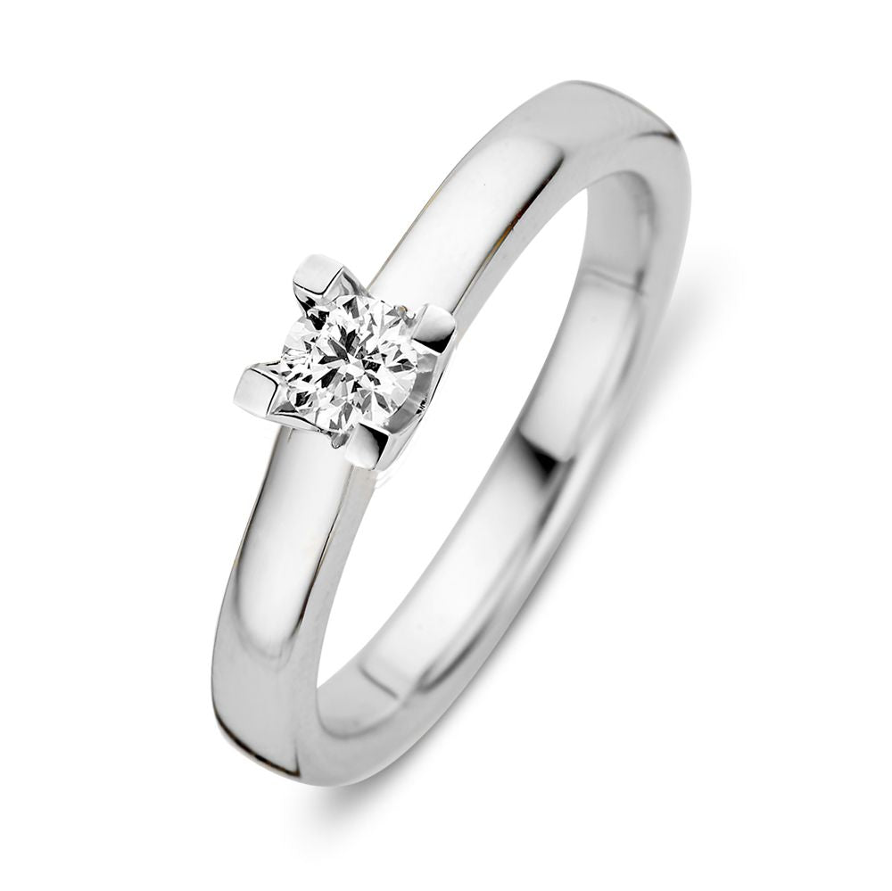 Bague en or blanc 14 carats avec diamant brillant de 0,19 carat et style moderne.