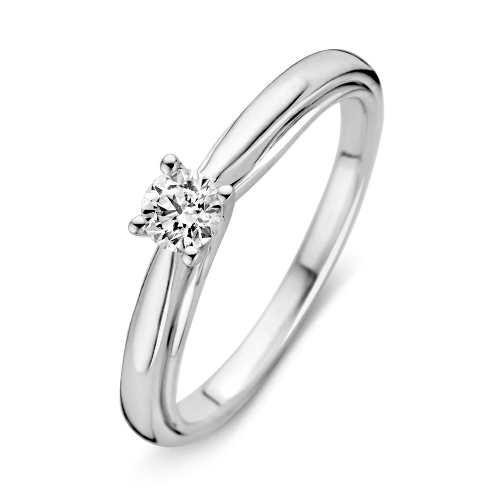 Bague en or blanc avec un diamant brillant de 0,25 ct, design épuré et élégant.