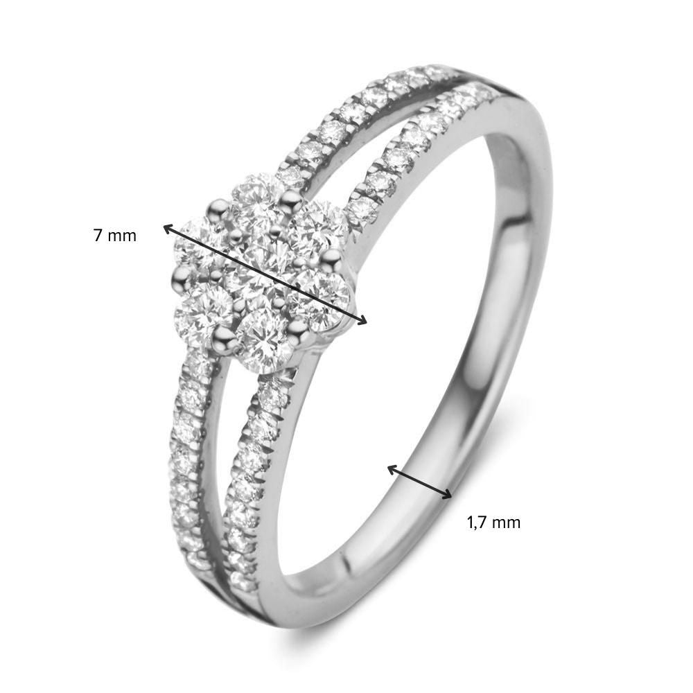 Bague en or blanc élégant avec brillant dans un entourage carré et diamants flottants 0,55 crt.