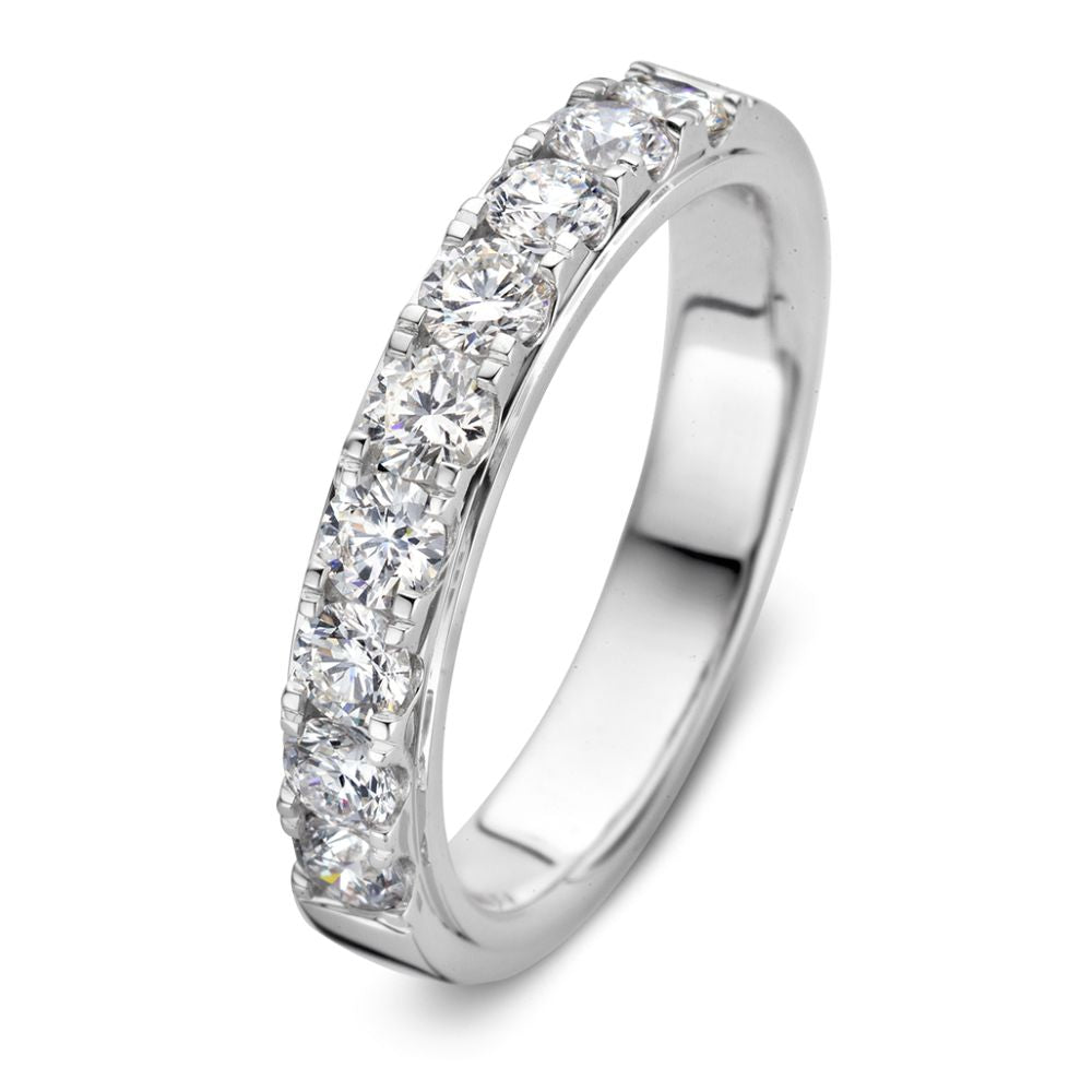 Bague en or blanc 14 carats avec diamant brillant de 1,00 carat en sertissage demi-éternité.