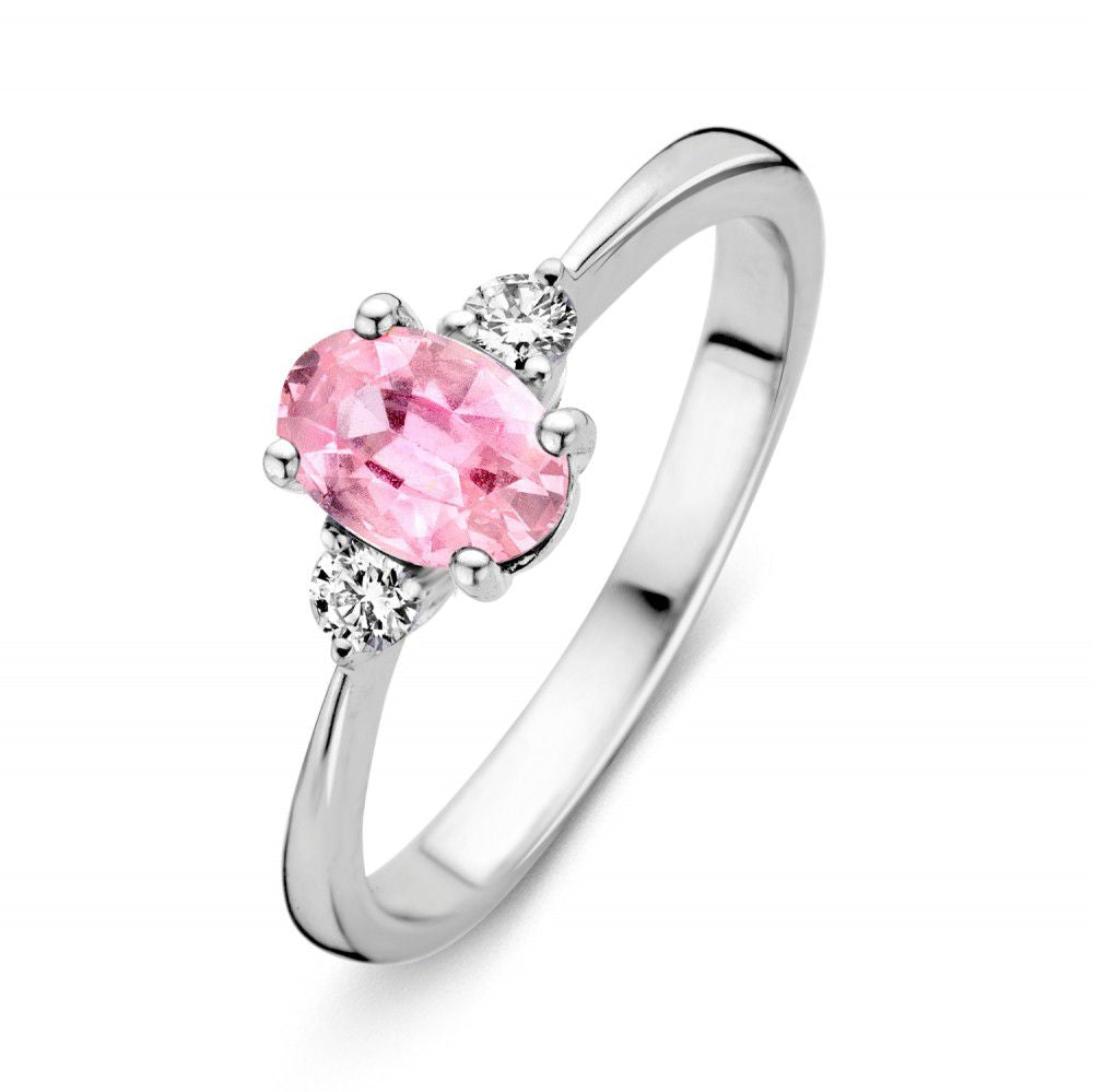 Bague en or blanc pour femme avec saphir rose ovale et diamants.