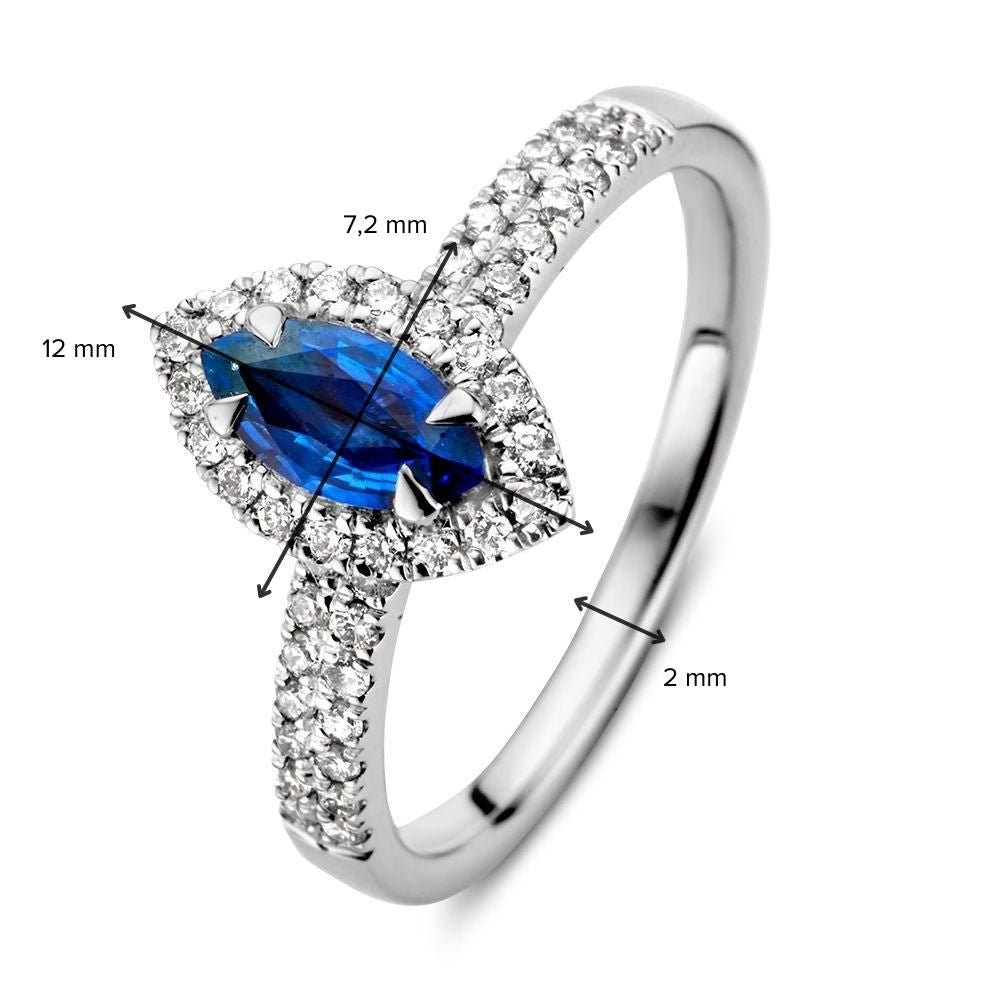 Bague en or blanc 14 carats avec saphir taillé en marquise et 0,53 carat de diamants