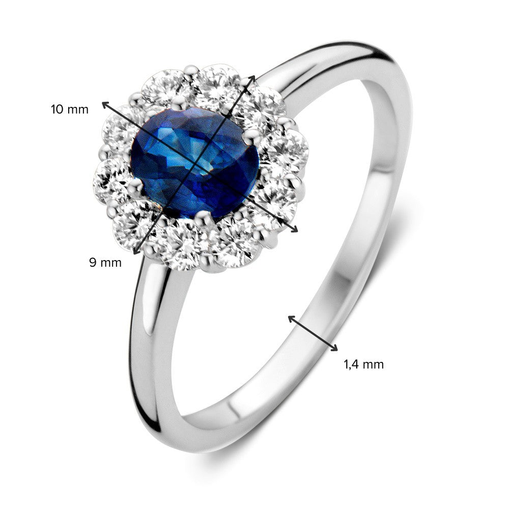 Bague en Or Blanc avec Saphir Bleu et Diamants – Élégance Intemporelle dans un Cadre Classique