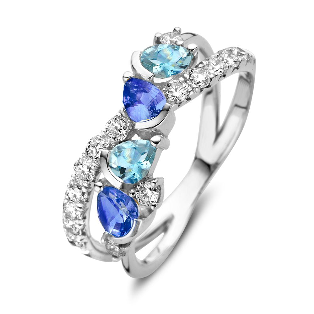 Bague en or blanc 18 carats ornée de saphirs bleus en forme de poire, d'aquamarines et de diamants de 0,50 ct.