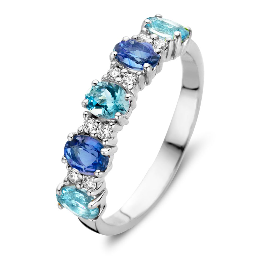 Bague en or blanc 18 carats ornée de saphirs ovales, d'aquamarines et de diamants de 0,12 ct.