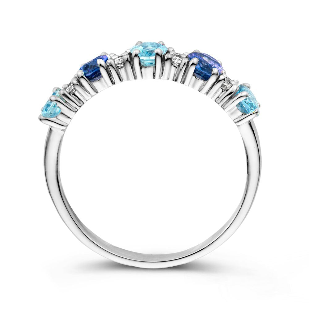 Bague en Or Blanc 18kt avec Saphirs Ovales, Aigue-Marines et 0.12ct de Diamants