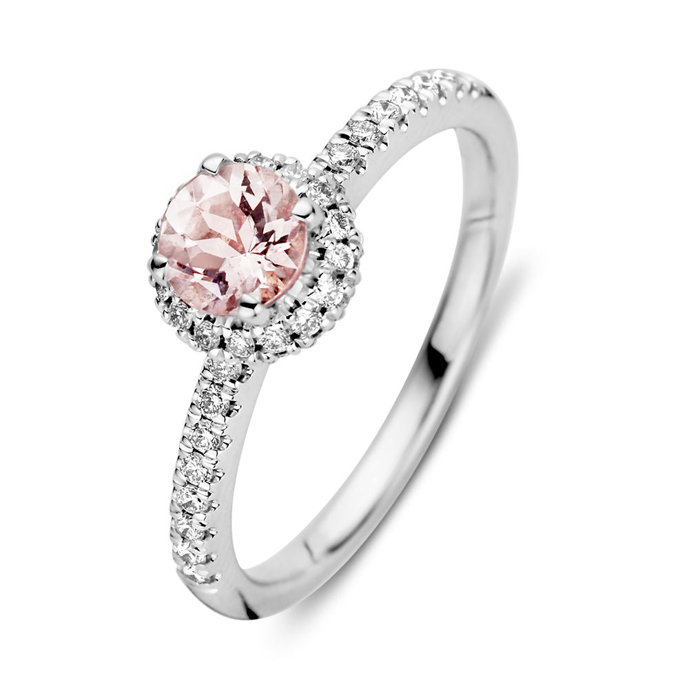 Bague en or blanc élégant avec morganite et diamants taille brillant, 0,32 carat.