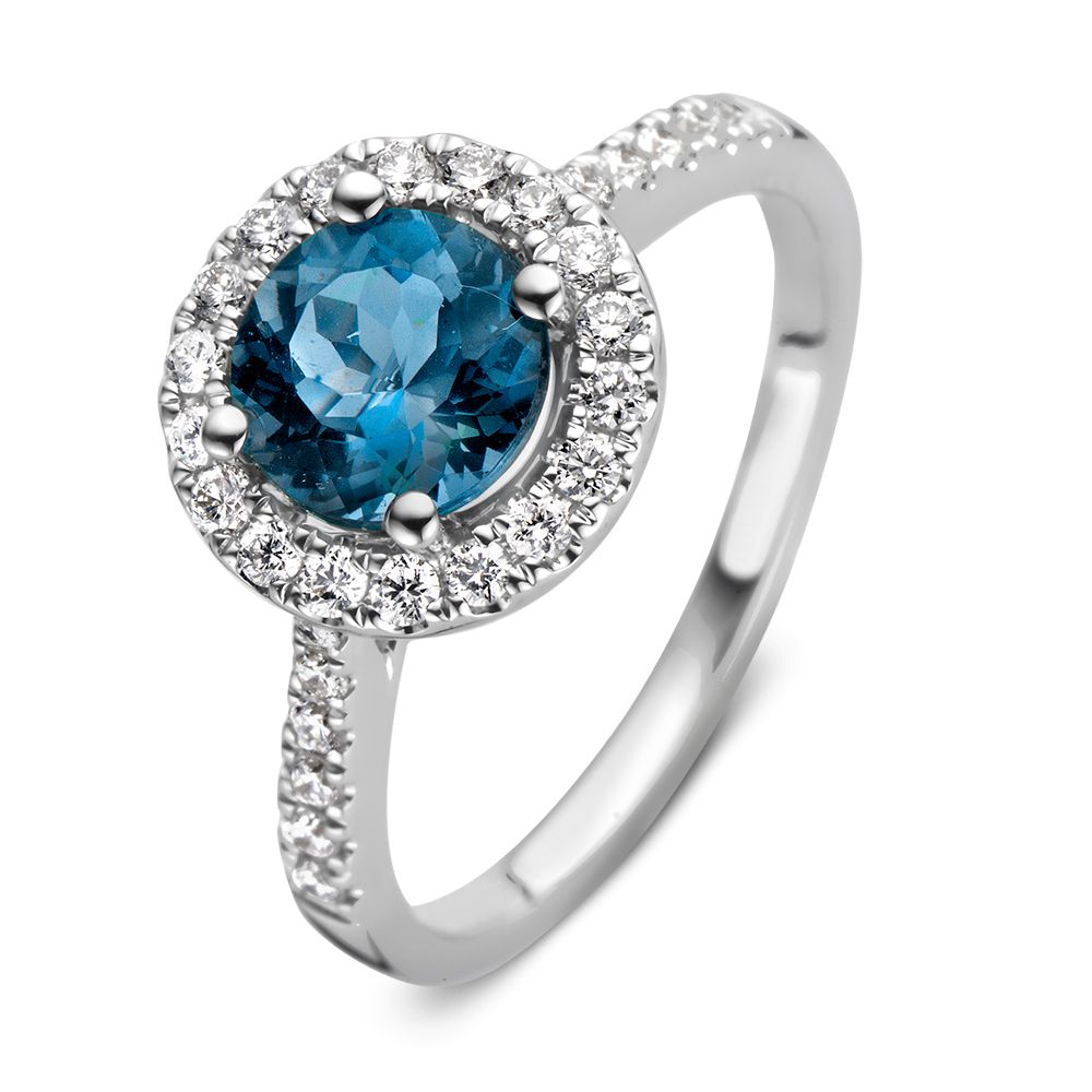 Bague en or blanc élégant avec topaze bleue de Londres de 1,52 carat et diamants de 0,40 carat.