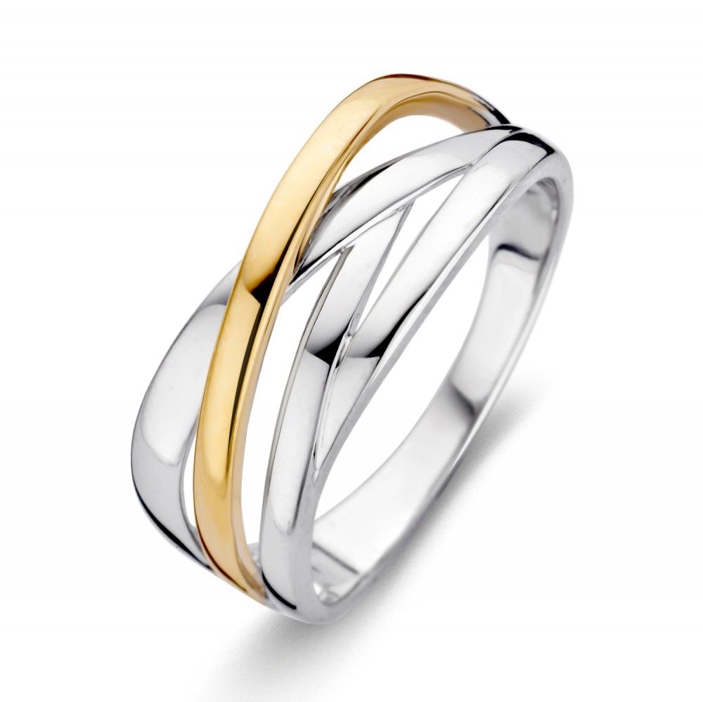 Bague en argent avec un design intemporel, ornée d'une bande en or jaune de 14 carats.