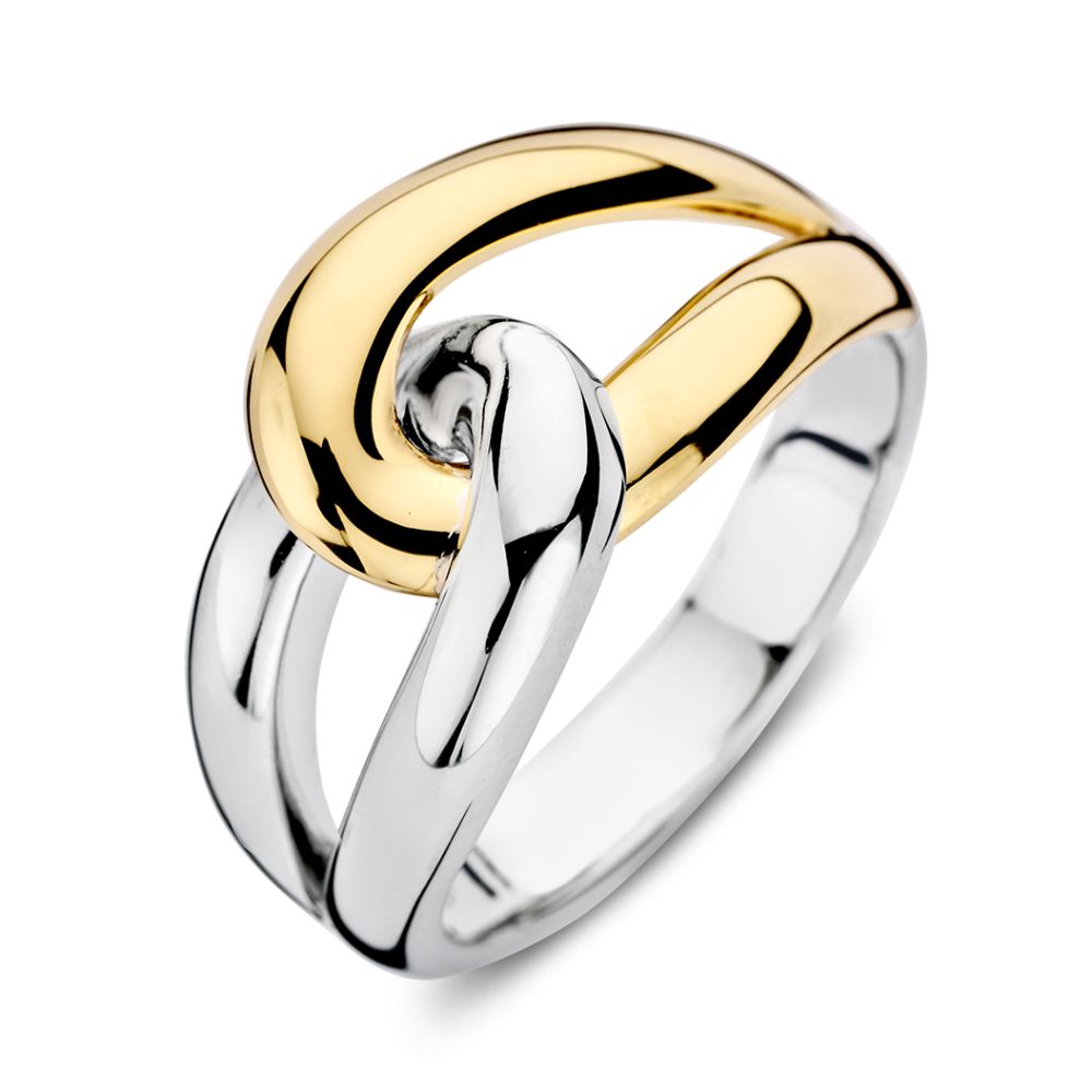Bague en argent avec un détail en or 14 carats, design en maillons distinctif.