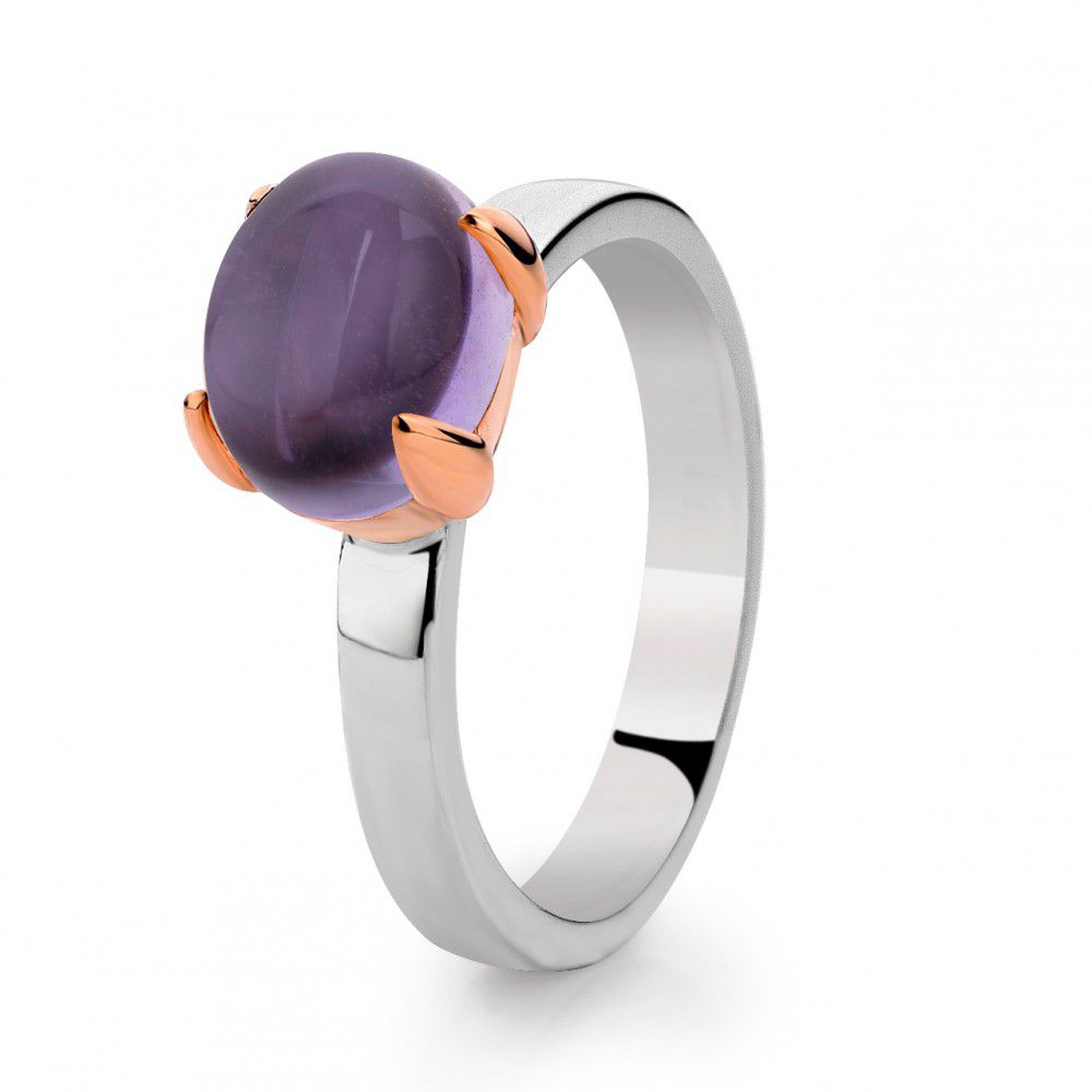 Bague en argent rhodié avec sertissage en or rose 14 carats et améthyste violette.