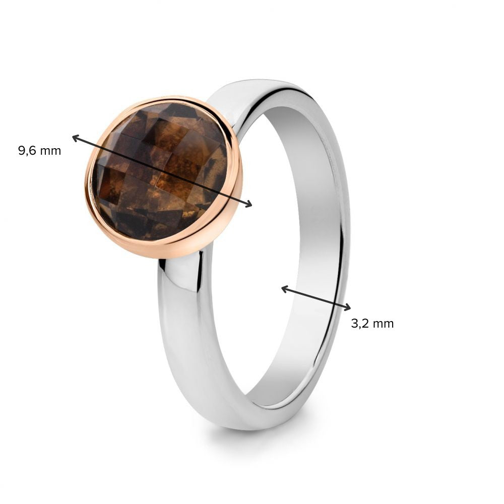 Bague pour femme en argent rhodié avec sertissage en or rose 14 carats et quartz fumé facetté – Girasole