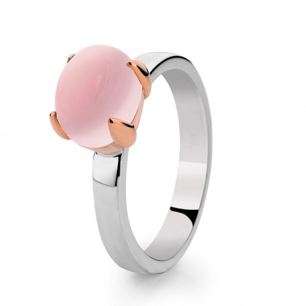 Bague en argent rhodié pour femme avec sertissage en or rose 14 carats et quartz rose.