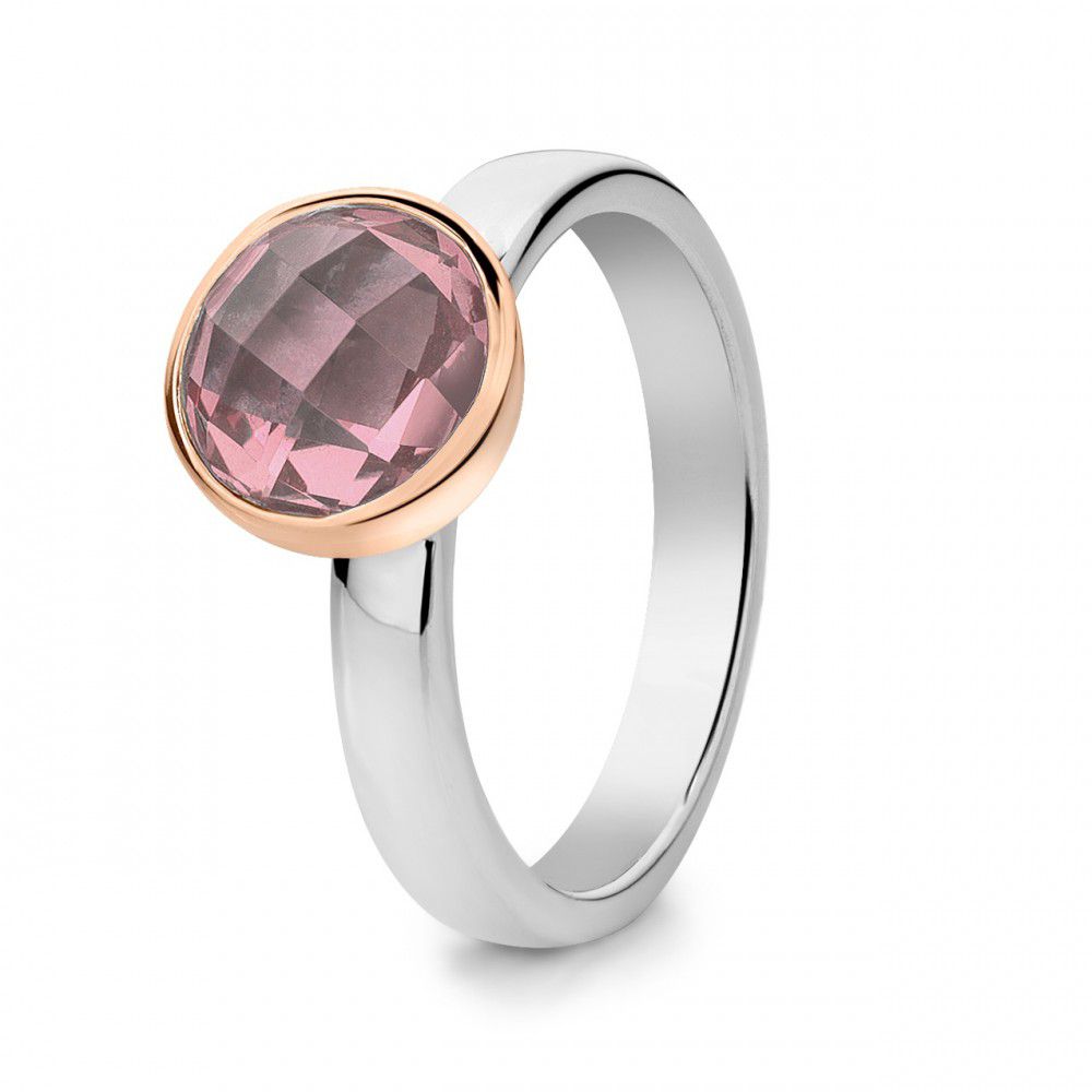 Bague en argent rhodié pour femme avec sertissage en or rose 14 carats et quartz rose facetté.