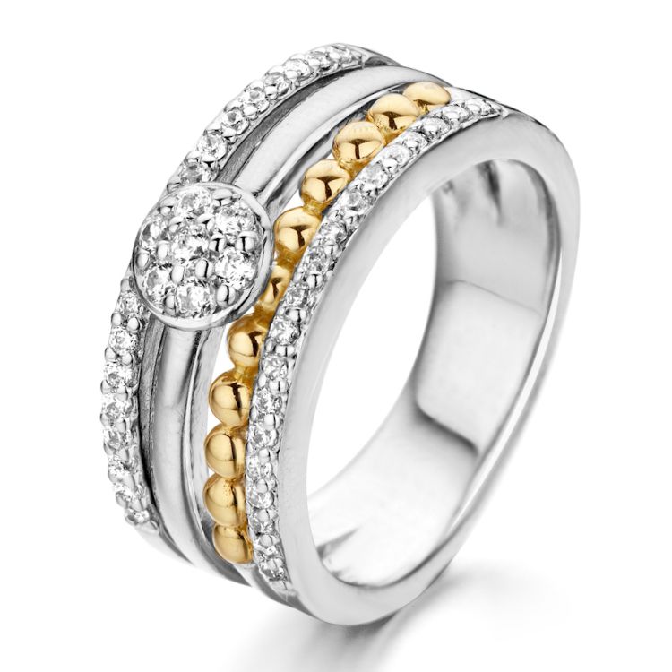 Bague en argent avec des détails en or 14 carats et des zirconiums, design moderne.