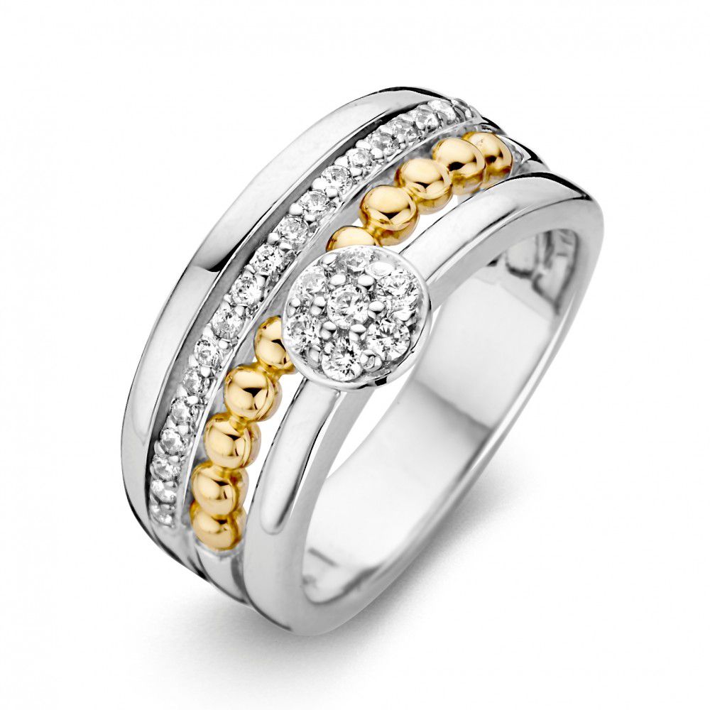 Bague en argent et or avec zircones, ornée de perles dorées et d'un motif central.