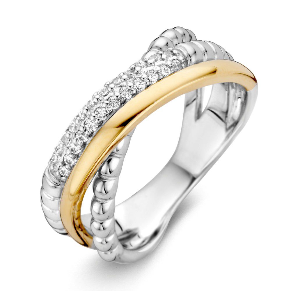 Bague en argent rhodié pour femme avec or 14 carats et zirconiums, largeur de 8,3 mm.