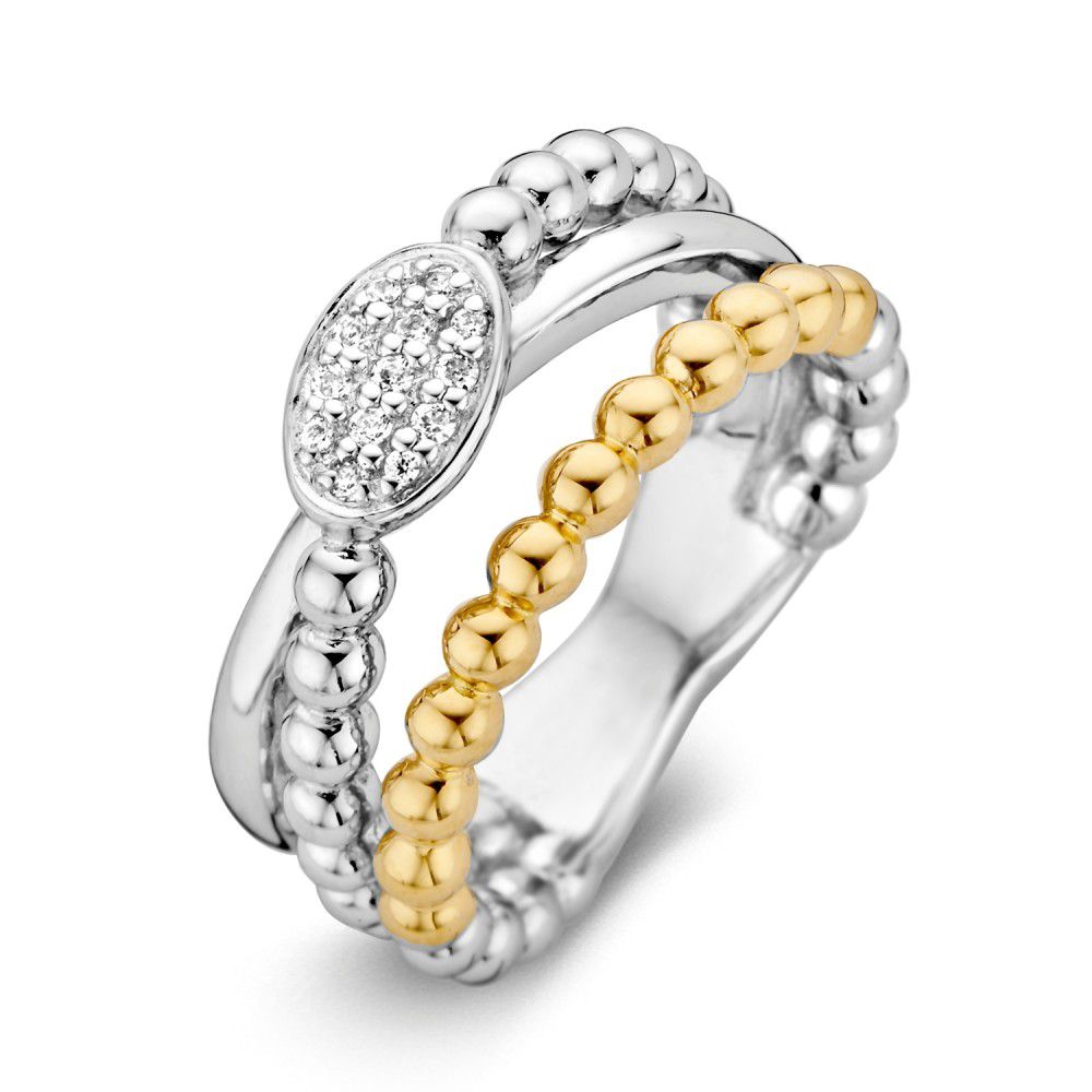 Bague en argent rhodié pour femme avec or 14 carats et zircones, détails en or jaune.
