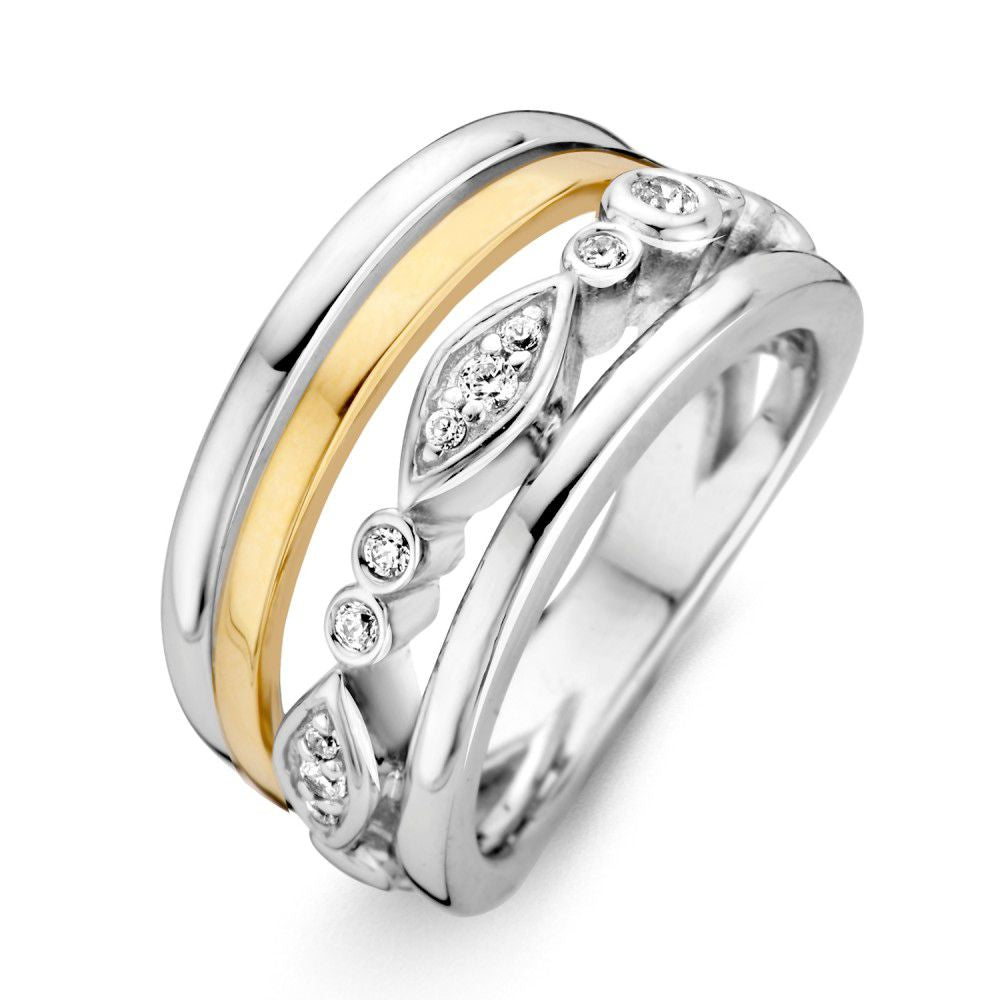 Bague en argent avec un bandeau en or jaune de 14 carats et des zircons.