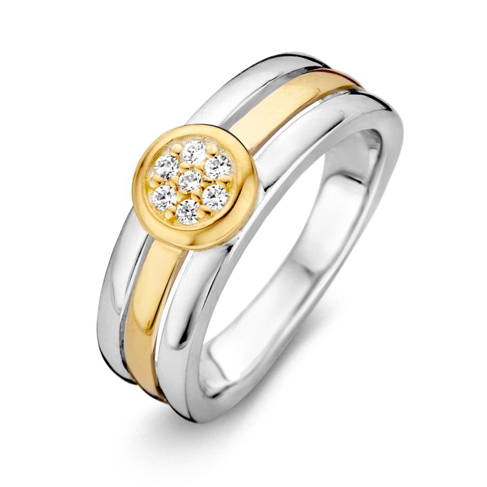Bague en argent rhodié pour femme avec or 14 carats et zircones.