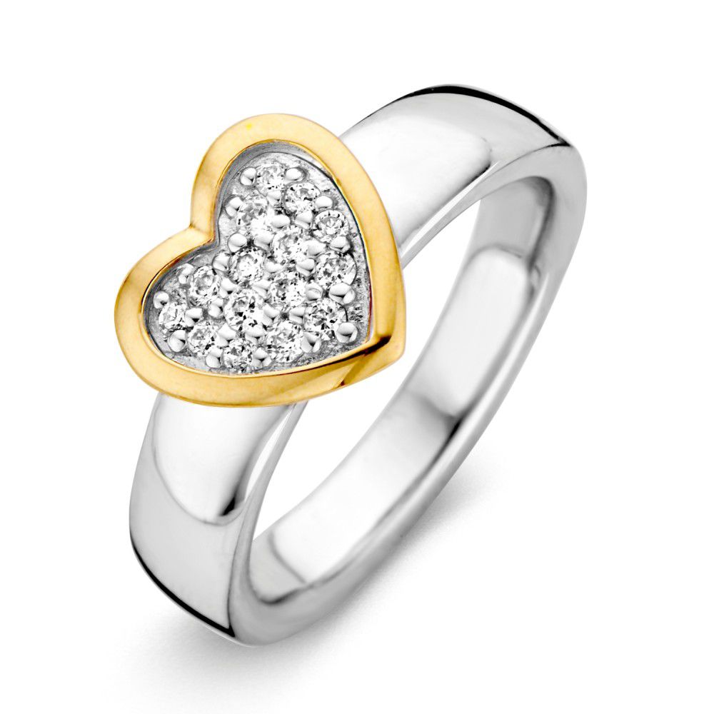 Bague en argent avec accents en or jaune 14 carats et zircons blancs en forme de cœur.
