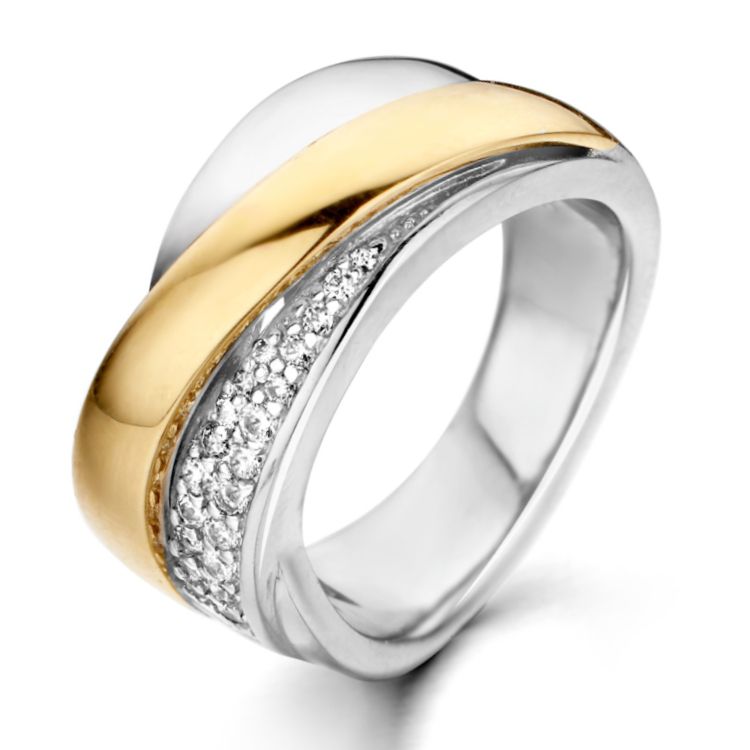 Bague en argent avec une bande en or jaune de 14 carats et des zirconias.
