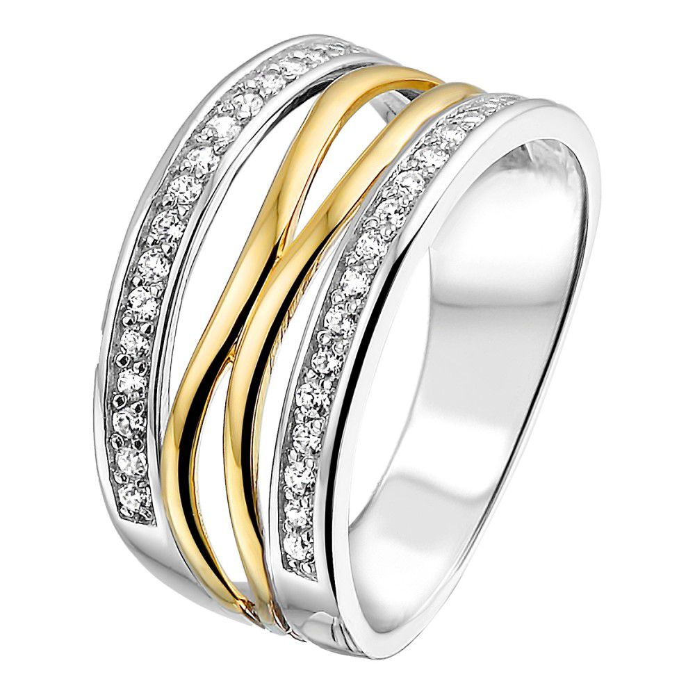 Bague en argent pour femme avec sertissage en or jaune 14 carats et zircones blanches, design minimaliste.