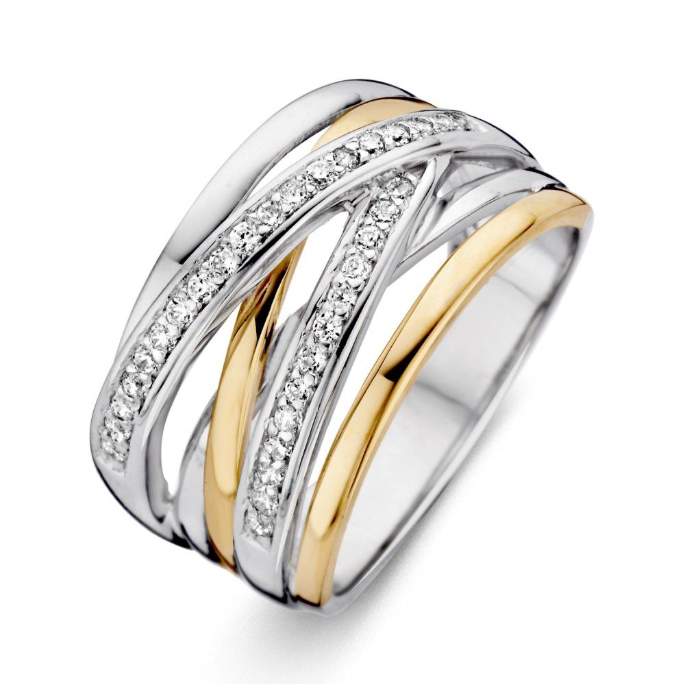Bague en argent avec sertissage en or jaune 14 carats et zircons blancs, design intemporel.