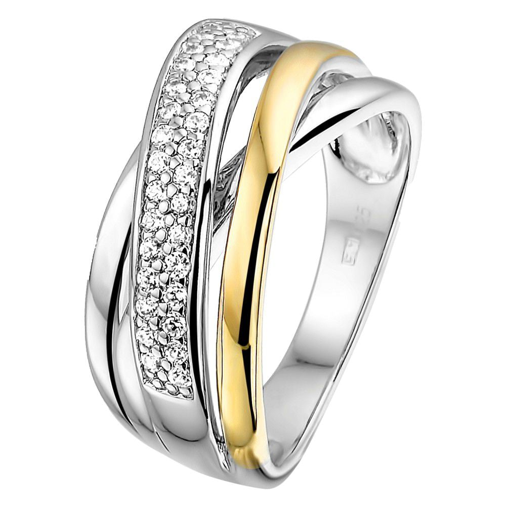 Bague en argent avec sertissage en or jaune 14 carats et zirconia, design raffiné.