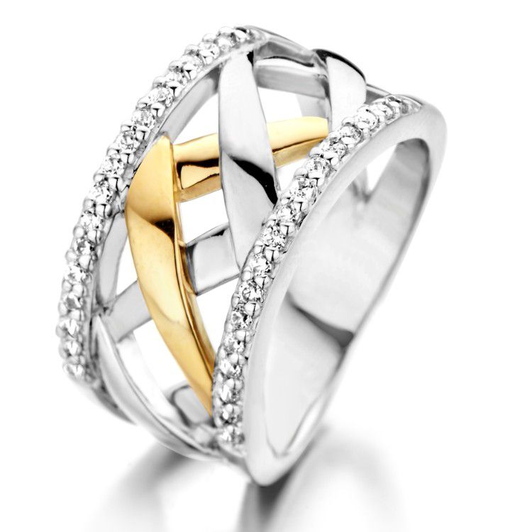 Bague en argent rhodié pour femme avec or 14 carats et zirconiums, design entrelacé.