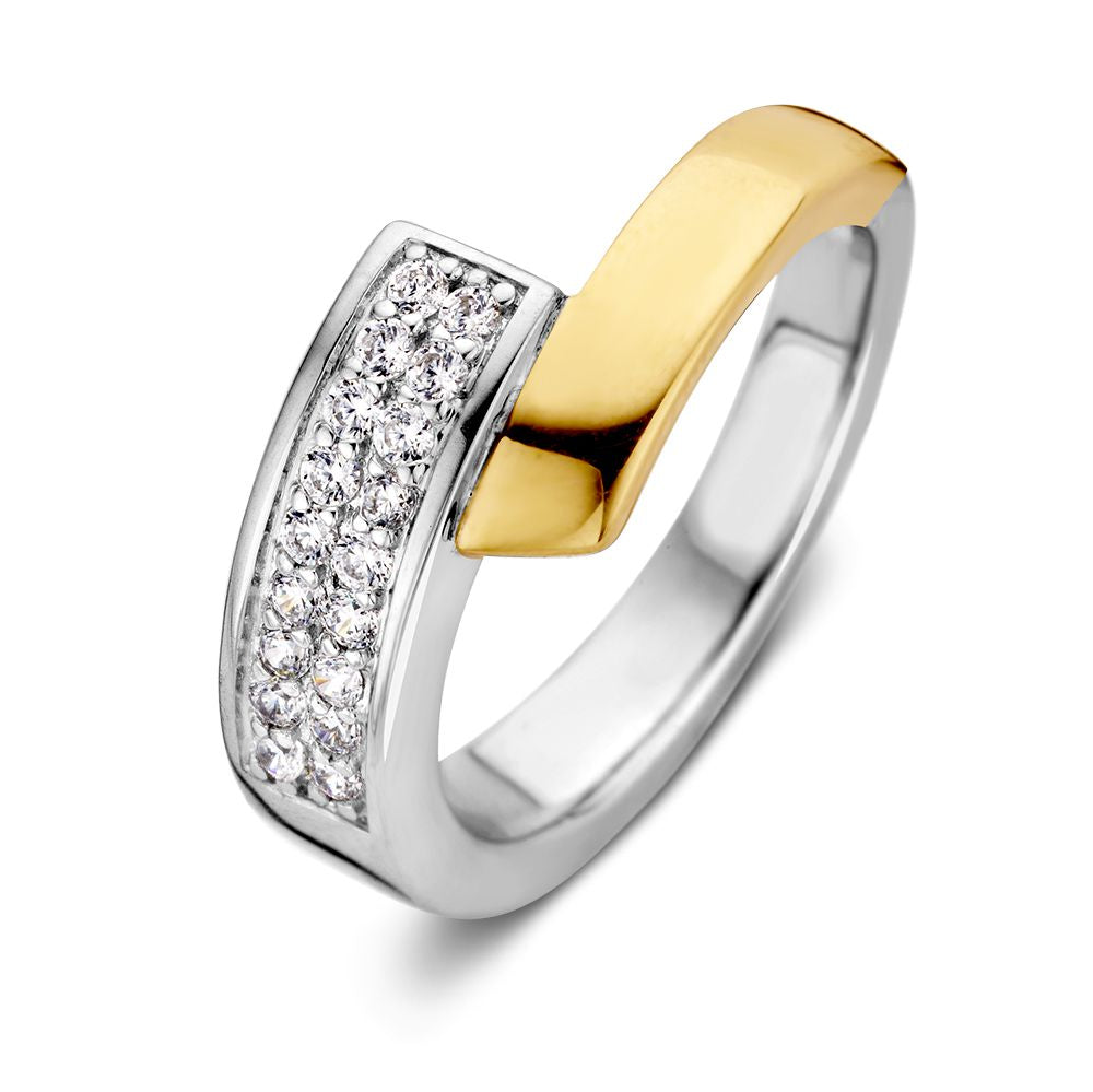 Bague en argent élégante avec or jaune 14 carats et zirconiums, design subtil et luxueux.
