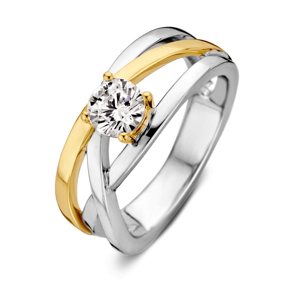 Bague en argent et or avec zirconium, design entrelacé et pierre centrale brillante.
