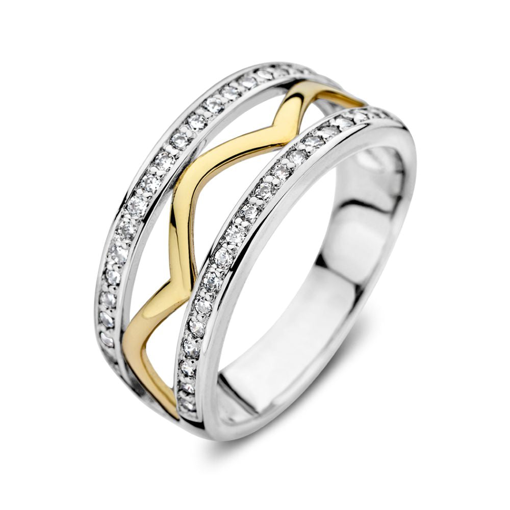 Bague en argent et or jaune 14 carats pour dames, ornée de zirconiums.