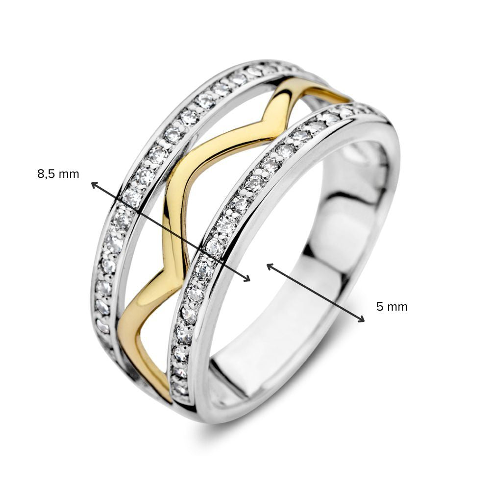 Bague élégante en argent et or jaune 14 carats pour femme avec zircones
