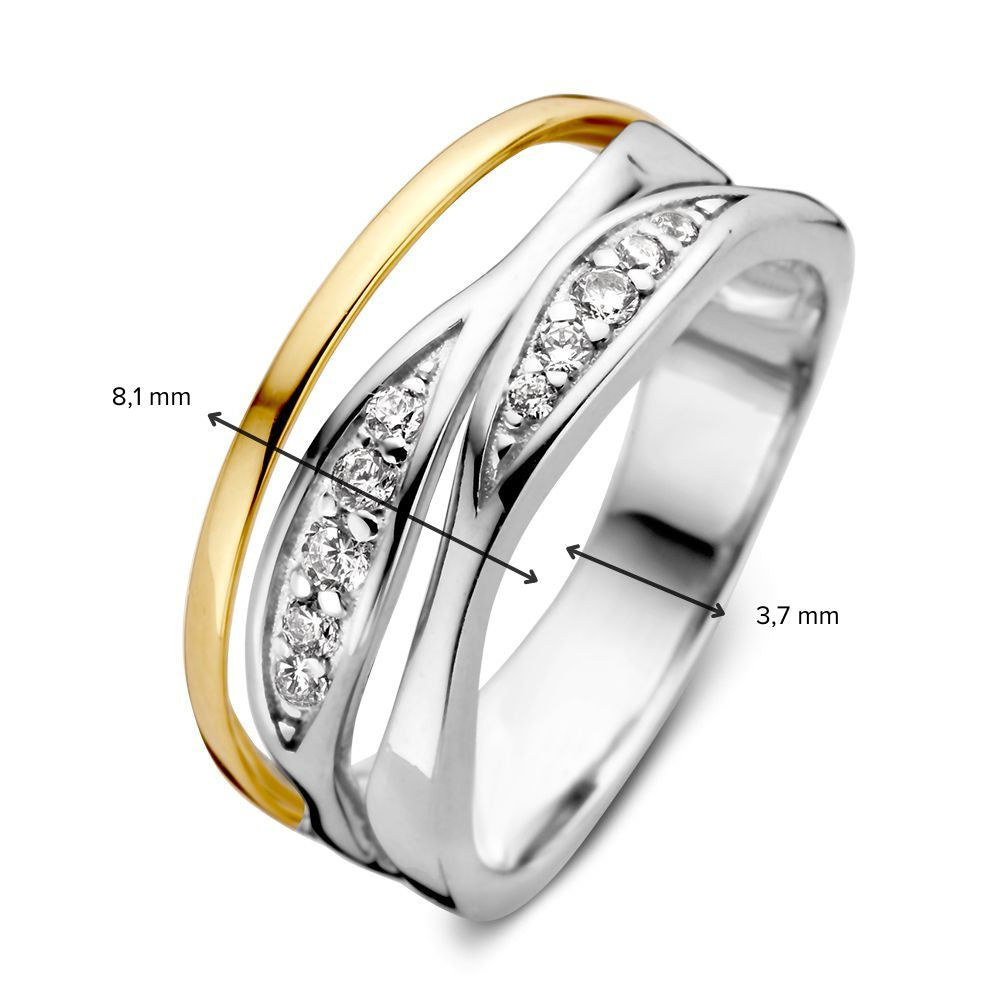 Bague pour femme en argent rhodié avec or jaune 14 carats et zircone - Design élégant et raffiné