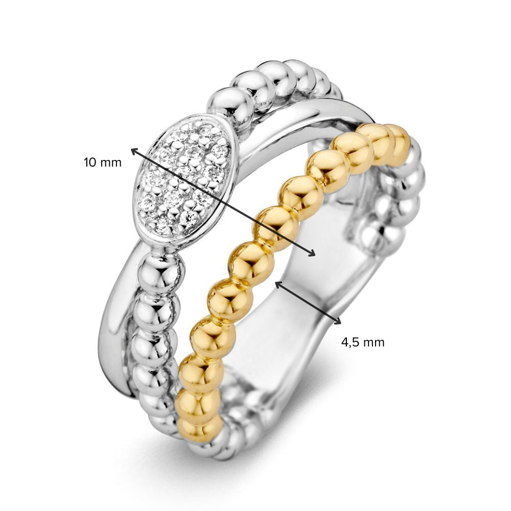 Bague pour femme en argent rhodié avec or jaune 14 carats et zircones