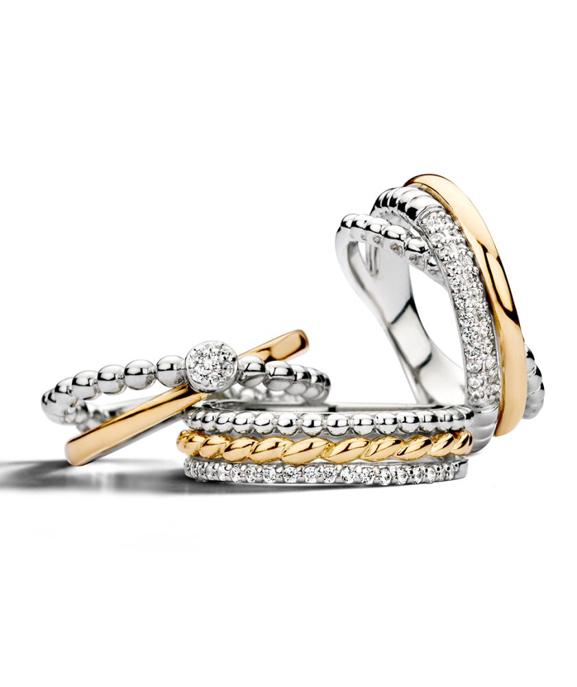 Bague pour femme en argent rhodié avec or 14 carats et zircones - 6,1 mm de largeur - Livraison gratuite