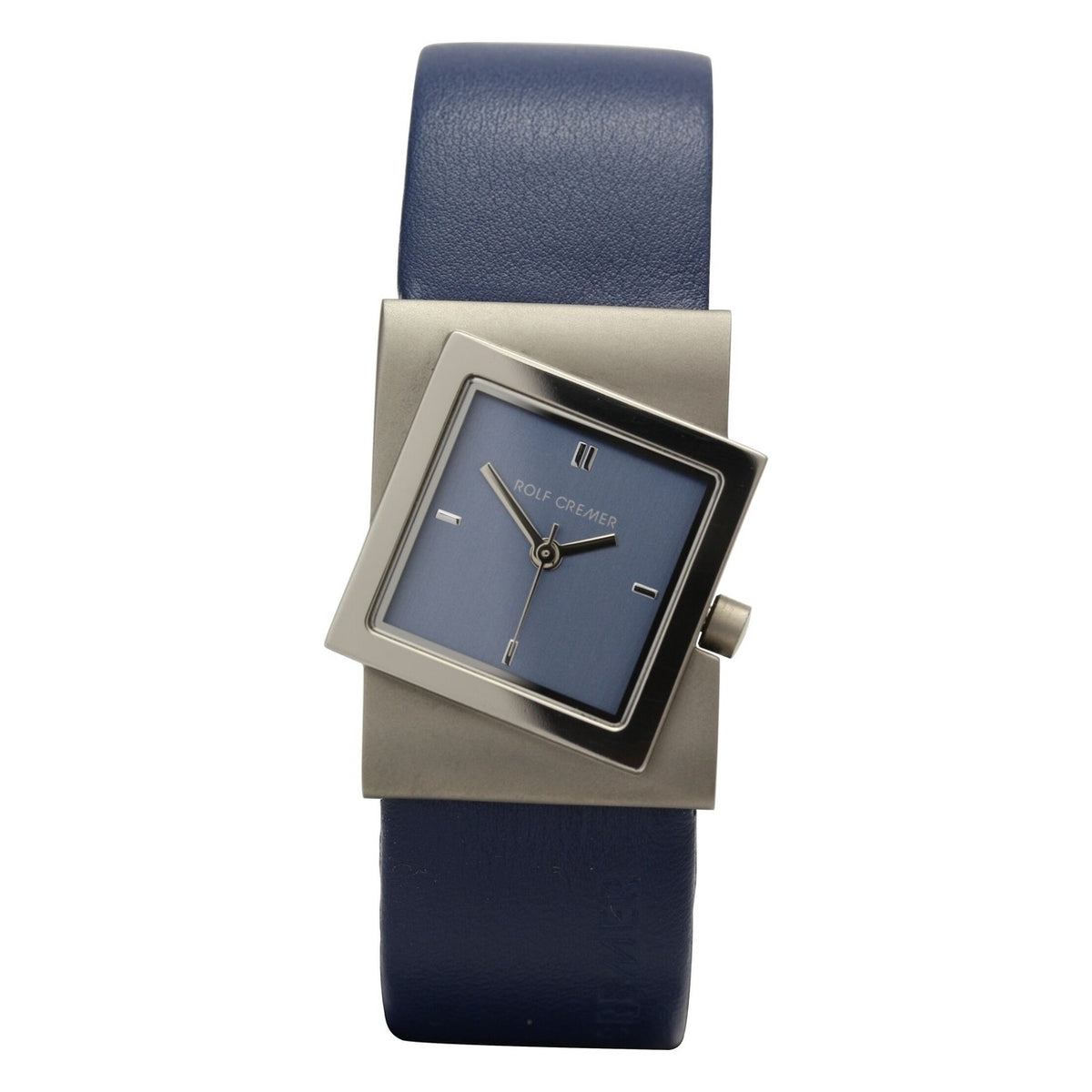 Montre carrée avec un cadran bleu, boîtier en acier inoxydable et bracelet en cuir bleu.