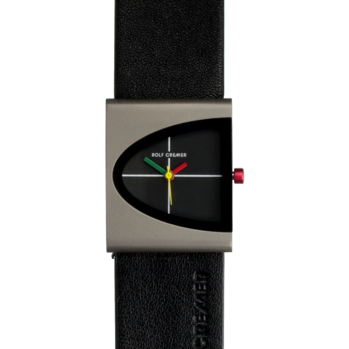 Montre rectangulaire en acier inoxydable avec cadran noir, bracelet en cuir noir et aiguilles colorées.