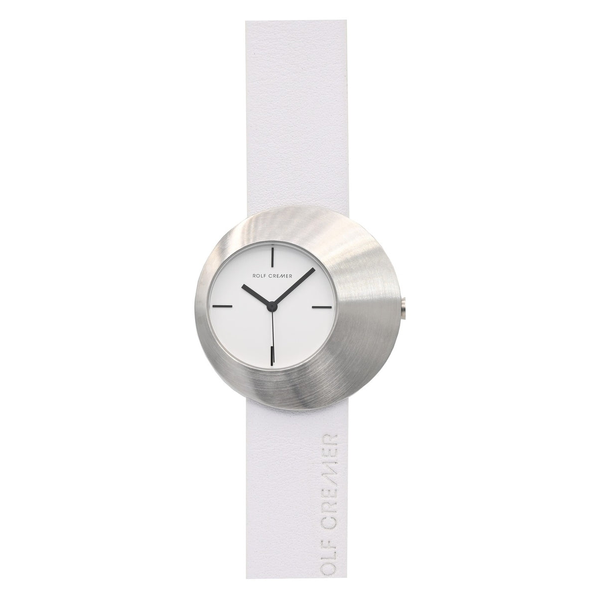 Montre Rolf Cremer avec un boîtier en acier inoxydable et un bracelet en silicone blanc.