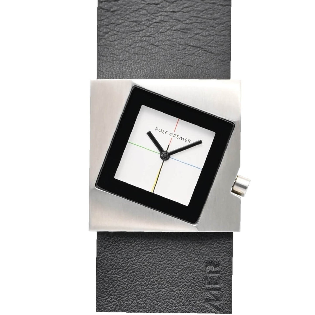 Montre carrée en acier inoxydable avec cadran blanc et bracelet en cuir noir.