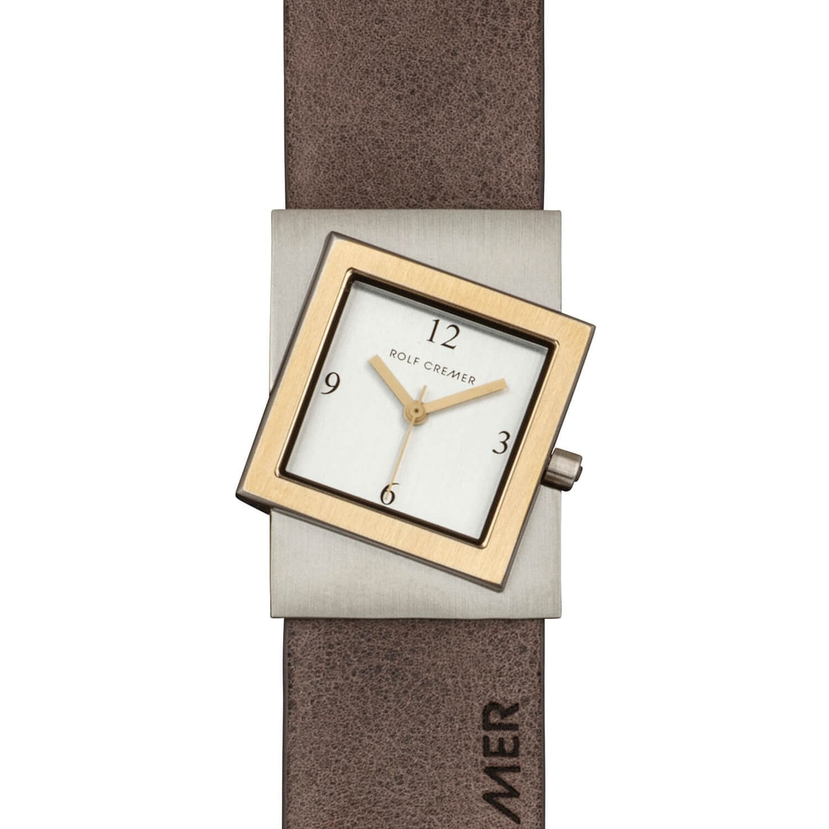 Montre carrée avec un cadran blanc, boîtier en acier inoxydable et bracelet en cuir brun.