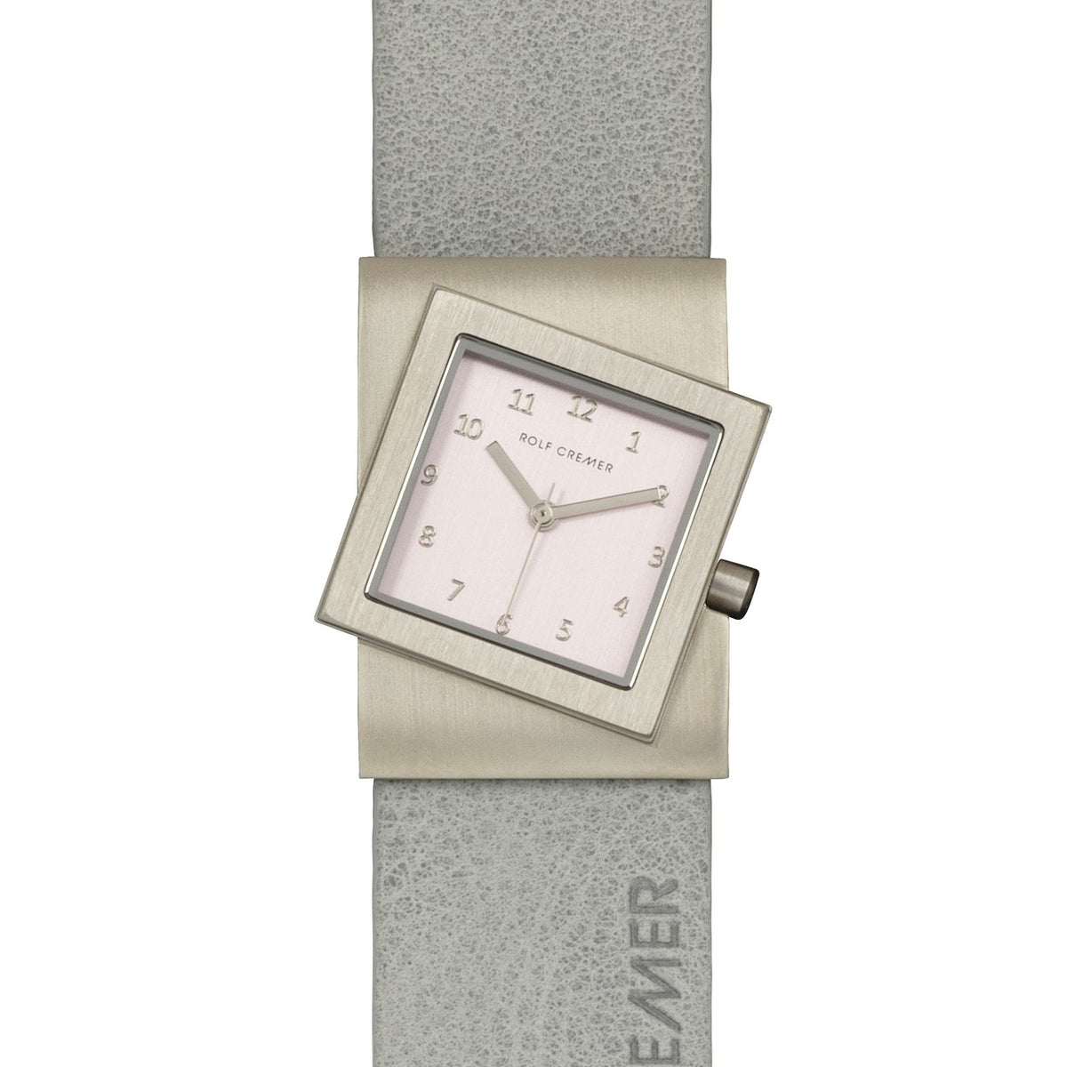 Montre carrée en acier inoxydable avec cadran argenté et bracelet en cuir gris.