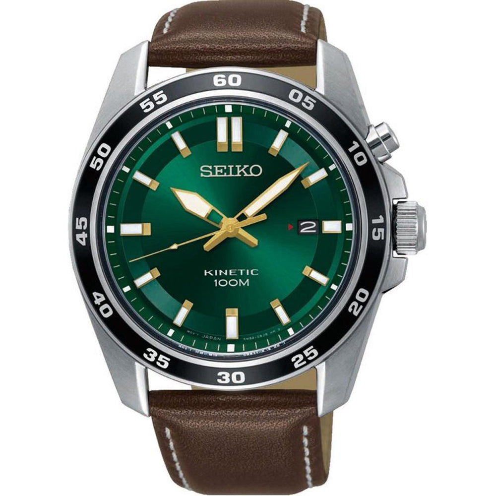 Montre pour homme Seiko avec un cadran vert, boîtier en acier inoxydable et bracelet en cuir marron.
