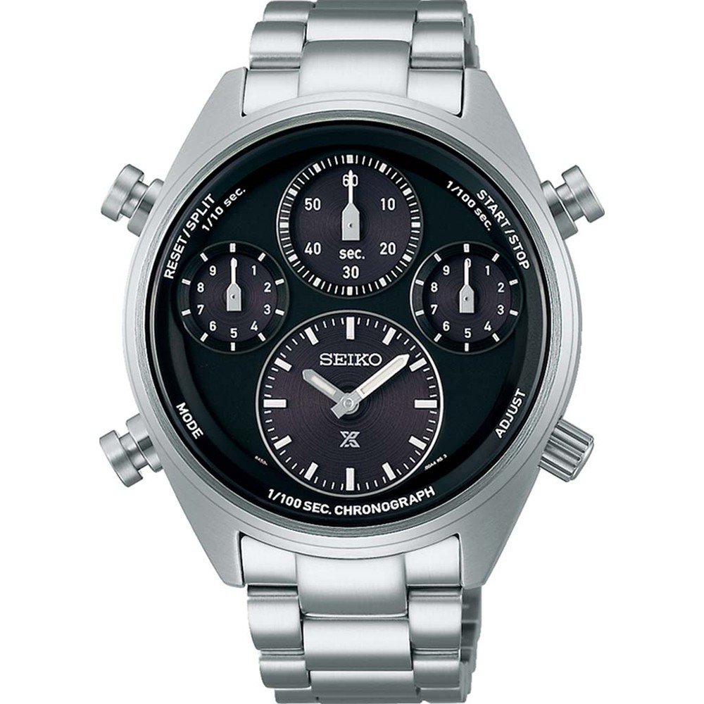 Het Seiko Prospex heren horloge SFJ003P1 heeft een zilveren metalen band en kast. De zwarte wijzerplaat heeft drie op zonne-energie werkende subdials voor de verstreken tijd en bevat uur- en minutenwijzers. Functieknoppen rond de lunette zorgen voor eenvoudige bediening.