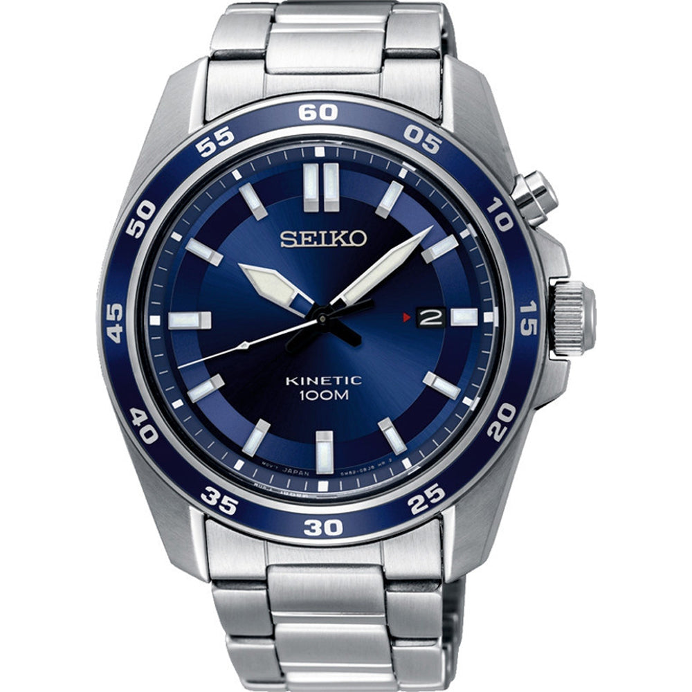 Montre pour homme Seiko avec boîtier en acier inoxydable, cadran bleu et bracelet en acier.