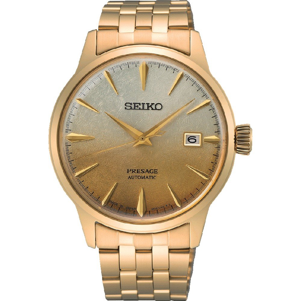 Montre pour homme Seiko Presage avec boîtier doré, cadran doré dégradé et bracelet en métal.