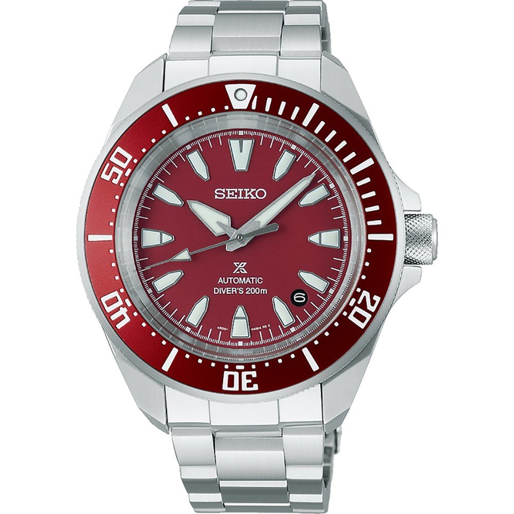 Montre Seiko Prospex pour homme avec boîtier en acier inoxydable, cadran rouge et bracelet en métal.